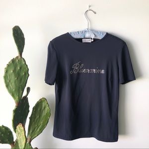 Blumarine Rhinestone Logo Navy Blue Tee